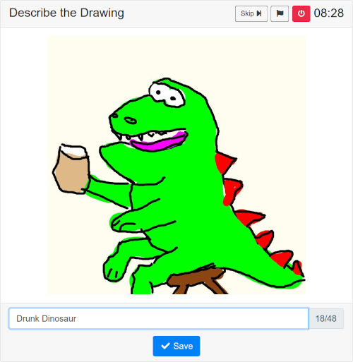 drawing of dinosaur on a bar stool drinking from a glass